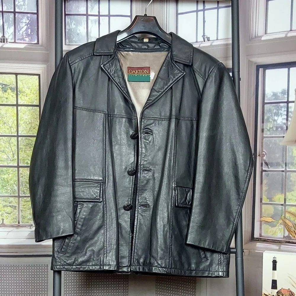 MEN'S GENUINE LEATHER BUTTON FRONT COAT BY OAKTON (M) - Picture 4 of 15